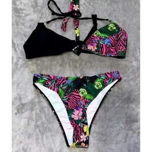 Oyoangle Swim 2‎ Piece Bikini Set Womens Medium Black Floral Stretch Halter Neck